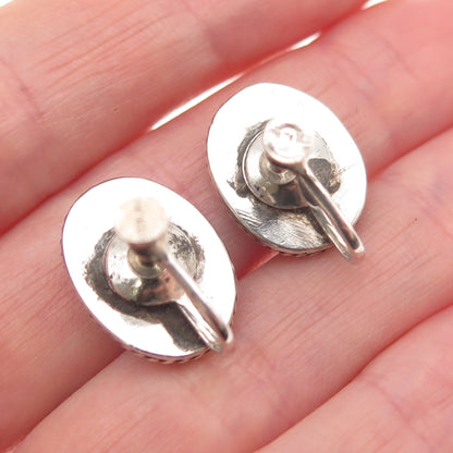 925 Sterling Silver Vintage Real Agate Oxidized Screw Back Earrings
