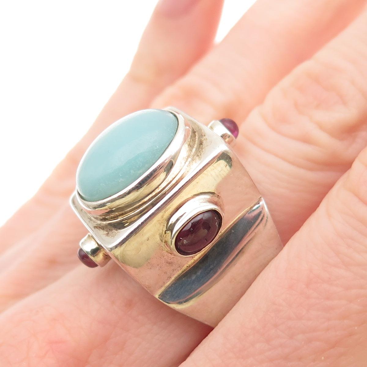 M.R.F. Resources Sterling Vintage Chalcedony & Tourmaline Modernist Ring Size 7