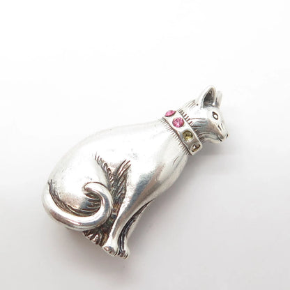 JEZLINE 925 Sterling Silver Vintage Pink Rhinestone Sitting Cat Pin Brooch