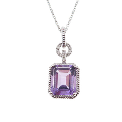 925 Sterling Silver Mexico Real Diamond & Amethyst Cable Chain Necklace 18"