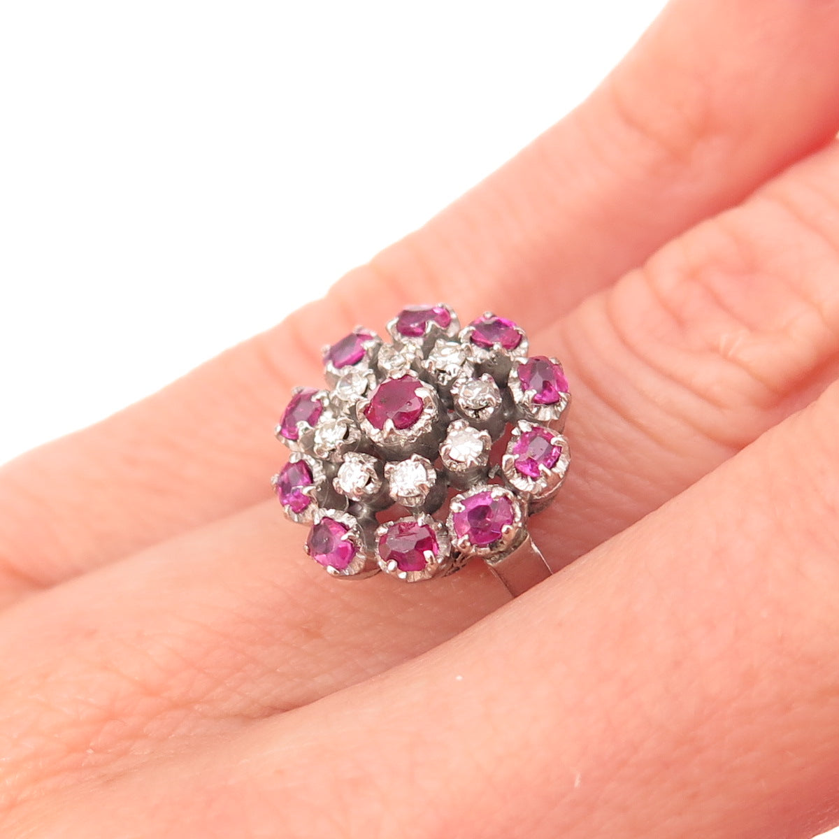 925 Sterling Silver Antique Art Deco Real Diamond & Ruby Floral Ring Size 6