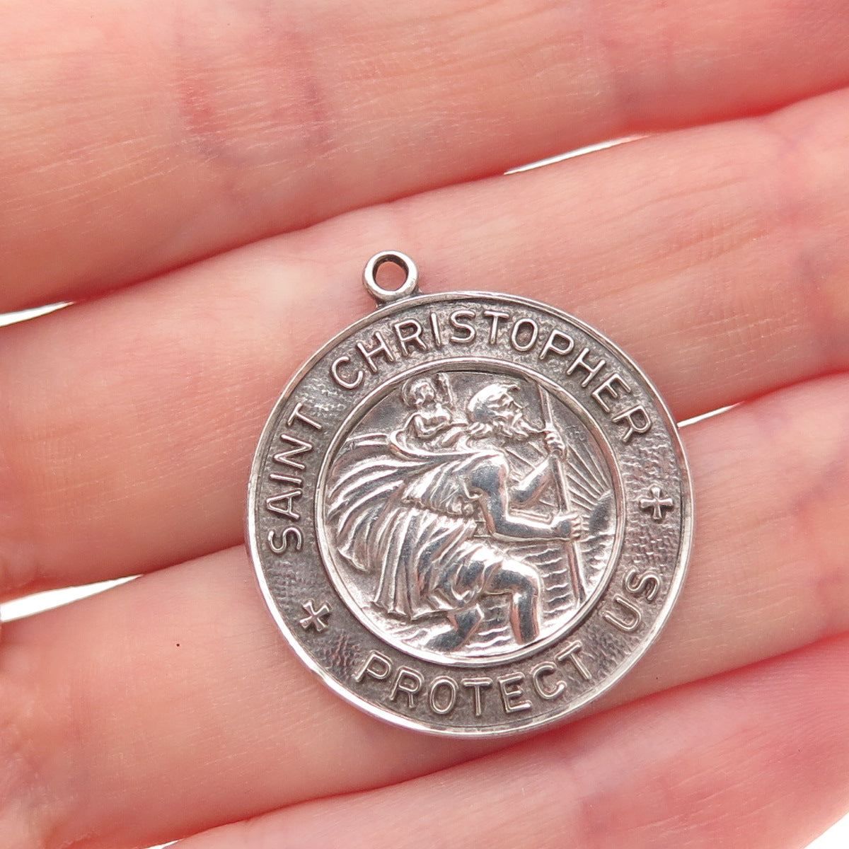 925 Sterling Silver Vintage St. Christopher Religious Oxidized Charm Pendant