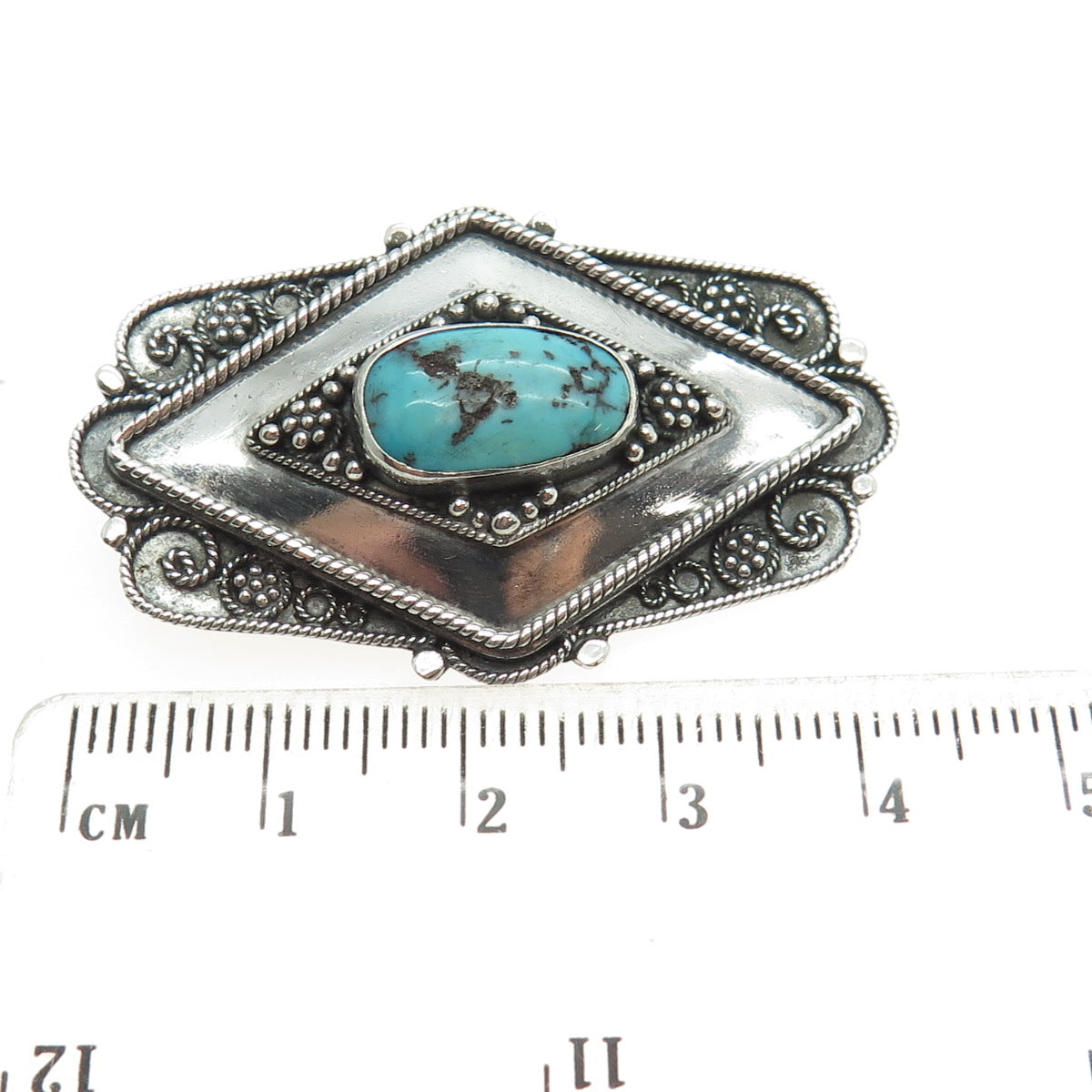 925 Sterling Silver Antique Israel Real Turquoise Granulated Oxidized Pin Brooch