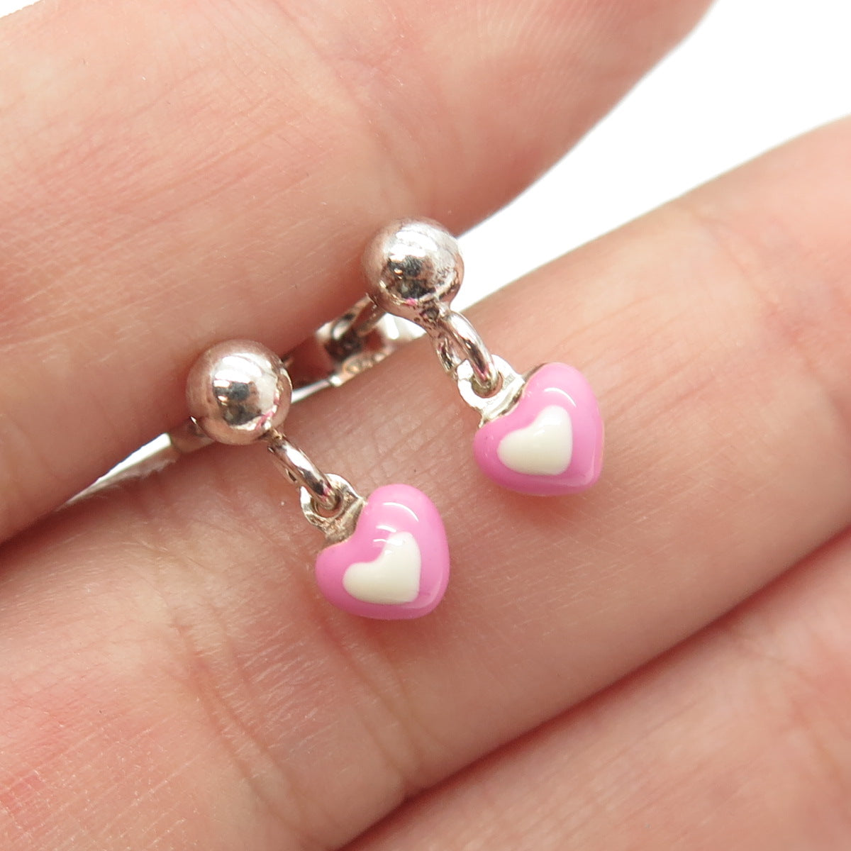 925 Sterling Silver Enamel Heart Charm Dangling Earrings