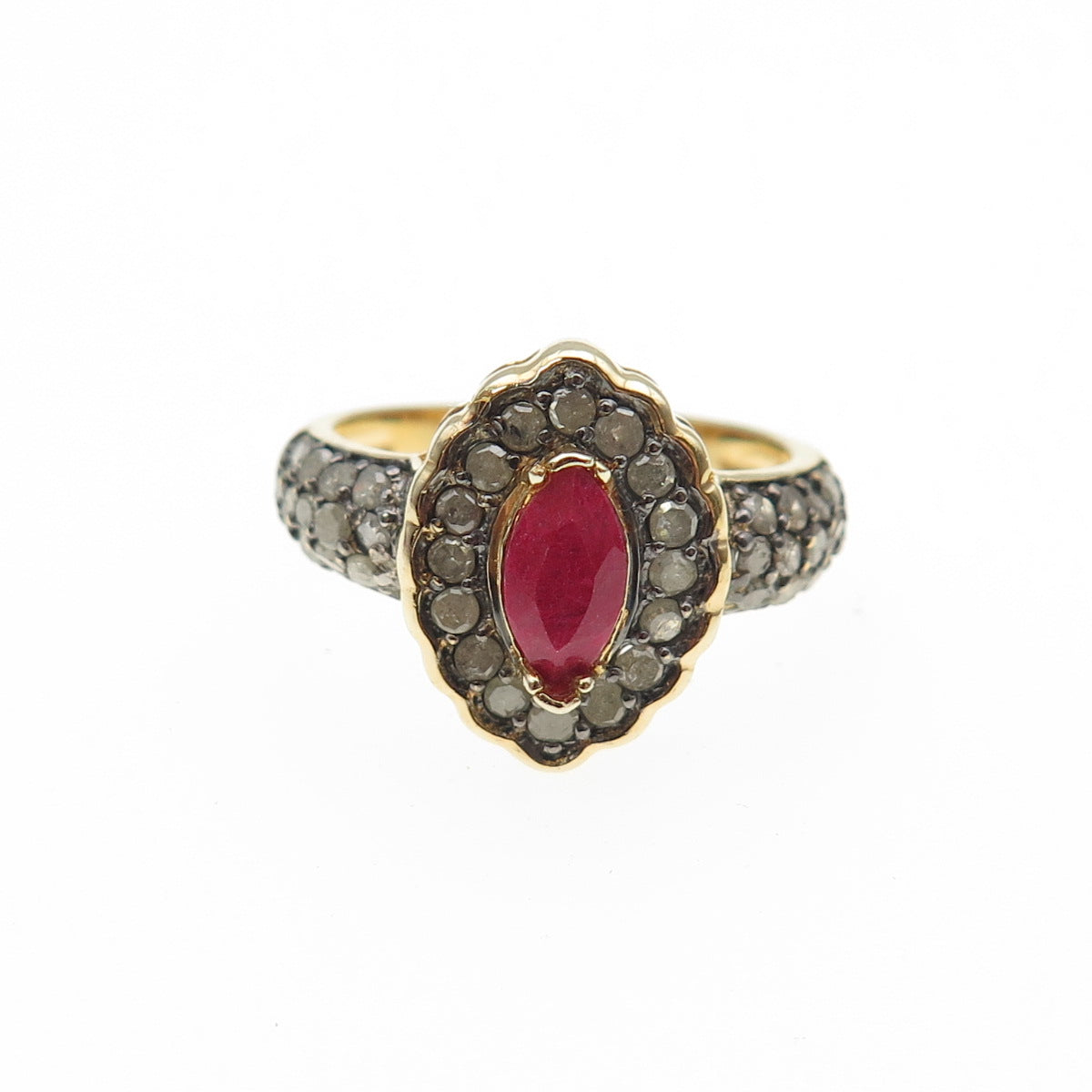 925 Sterling Silver Gold Plated Real Round-Cut Diamond & Ruby Ring Size 7.25