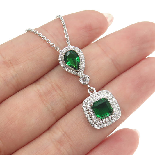 925 Sterling Silver Multi-Cut Green & White C Z Cable Chain Necklace 16"