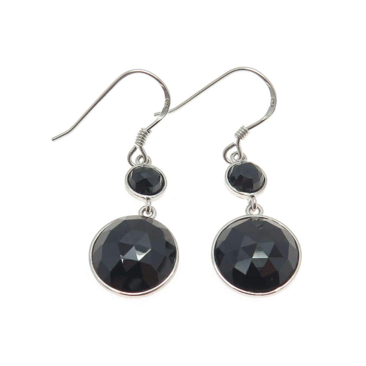 925 Sterling Silver Vintage Real Black Spinel Gemstone Dangle Earrings