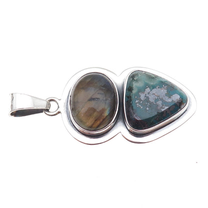 925 Sterling Silver Vintage Real Labradorite & Agate Modernist Oxidized Pendant