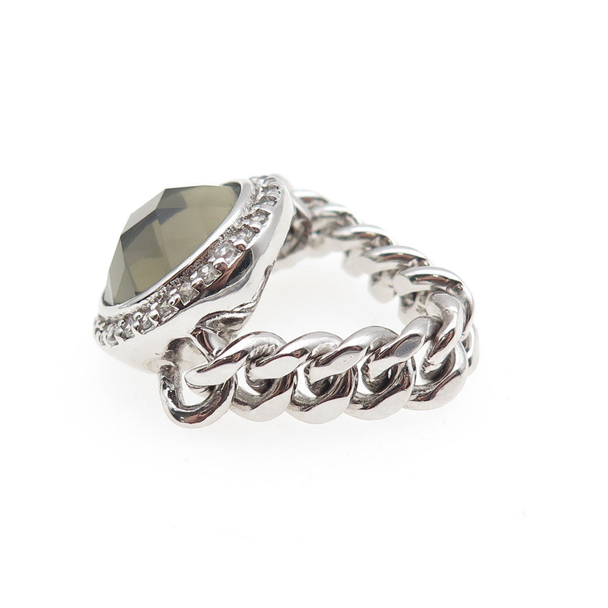 925 Sterling Silver Round-Cut Smoky & White C Z Cuban Chain Ring Size 7