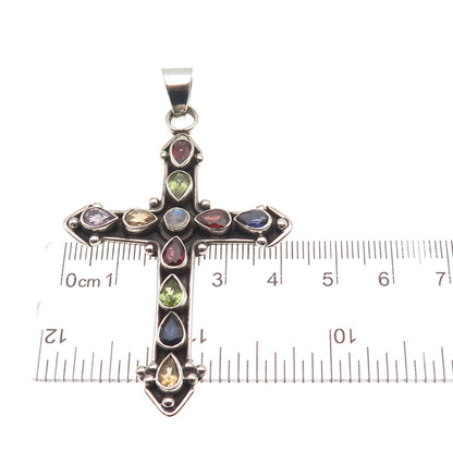Sterling Vintage Amethyst Iolite Peridot Garnet Citrine Moonstone Cross Pendant