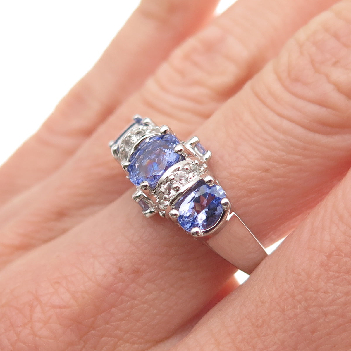 925 Sterling Silver Real Oval-Cut Tanzanite & Round-Cut White Topaz Ring Size 8