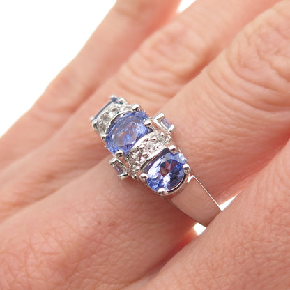 925 Sterling Silver Real Oval-Cut Tanzanite & Round-Cut White Topaz Ring Size 8