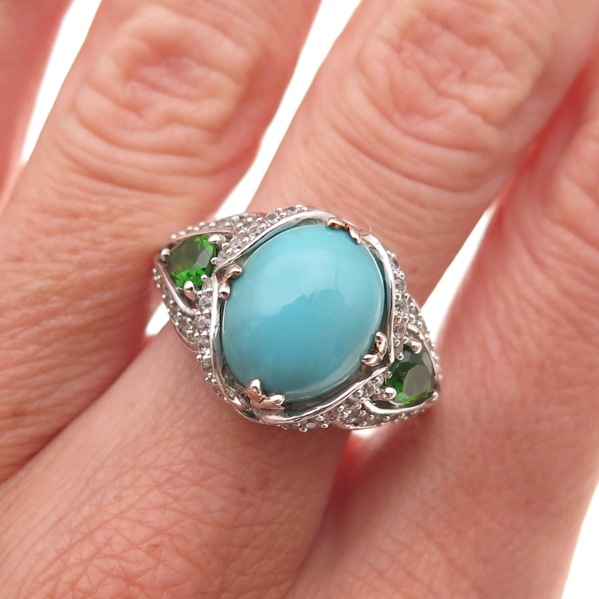 925 Sterling Silver Real Turquoise Peridot & White Topaz Ring Size 8.25