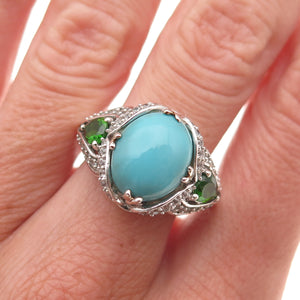 925 Sterling Silver Real Turquoise Peridot & White Topaz Ring Size 8.25
