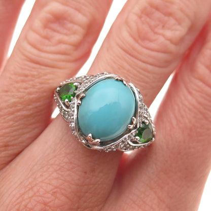 925 Sterling Silver Real Turquoise Peridot & White Topaz Ring Size 8.25