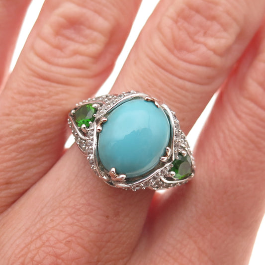 925 Sterling Silver Real Turquoise Peridot & White Topaz Ring Size 8.25