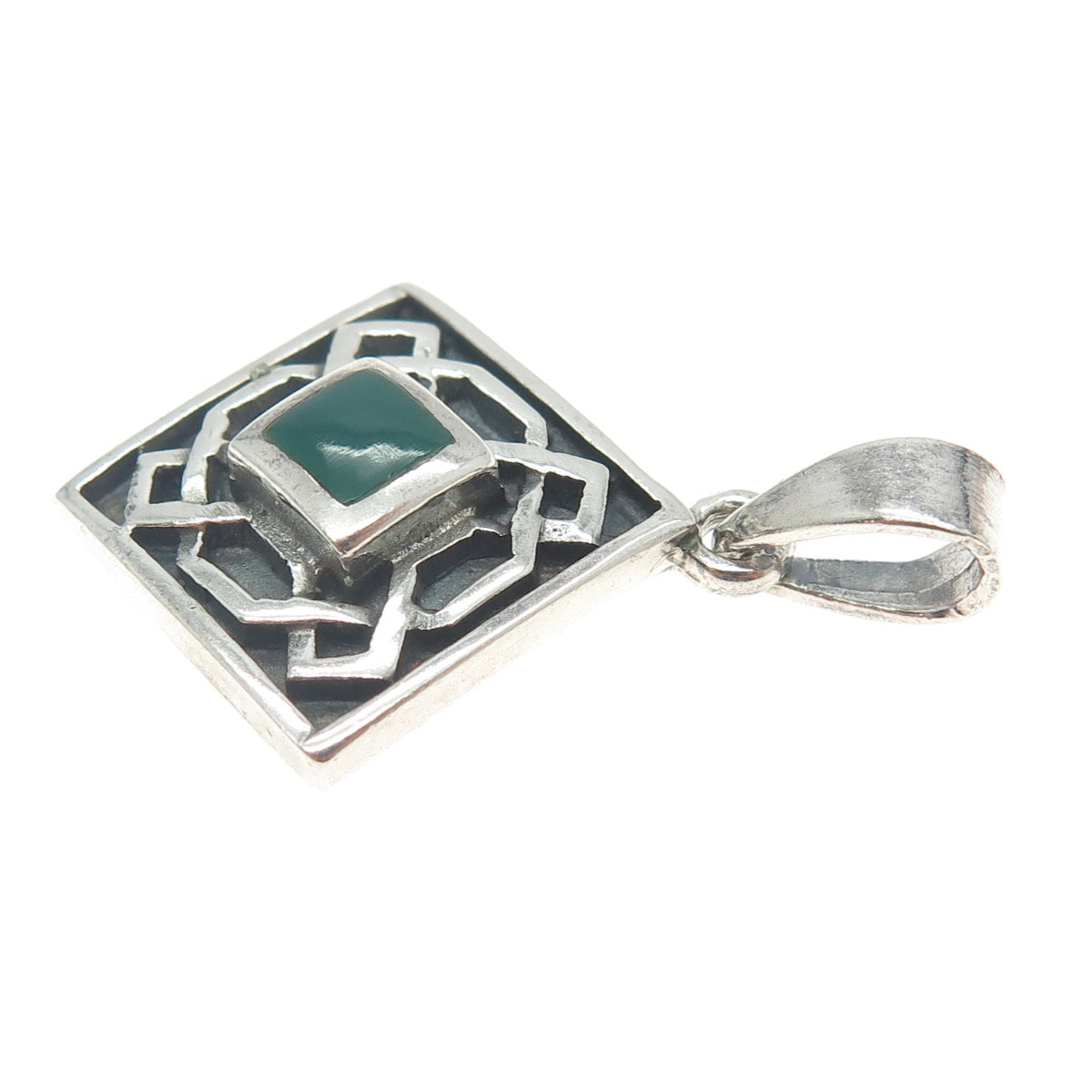 925 Sterling Silver Vintage Real Green Onyx Geometric Maze Pendant