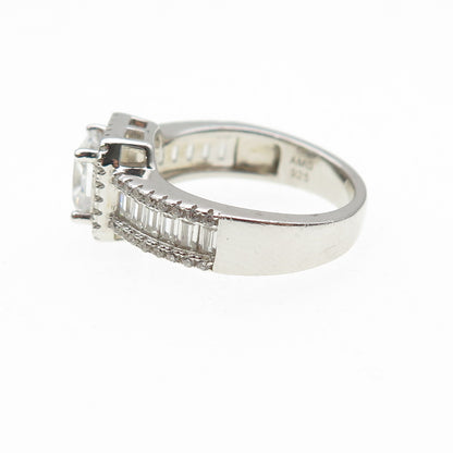 925 Sterling Silver Princess Emerald & Round-Cut C Z Engagement Ring Size 6