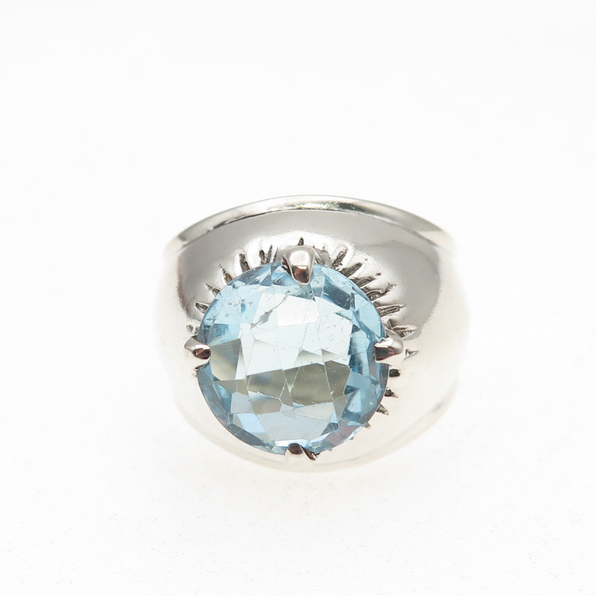 925 Sterling Silver Vintage Real Round-Cut Blue Topaz Modernist Ring Size 8