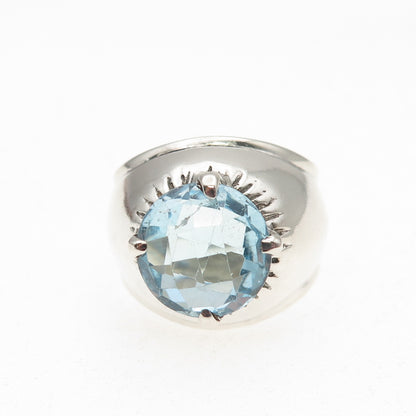925 Sterling Silver Vintage Real Round-Cut Blue Topaz Modernist Ring Size 8