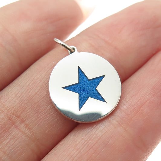 925 Sterling Silver Blue Enamel Star Minimalist Round Tag Charm Pendant