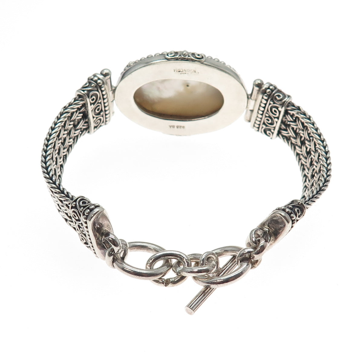 SUARTI BALI 925 Sterling Vintage Real MOP Ornate Heart Woven Link Bracelet 7.25"