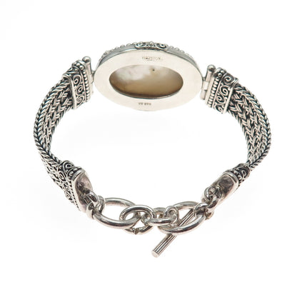 SUARTI BALI 925 Sterling Vintage Real MOP Ornate Heart Woven Link Bracelet 7.25"