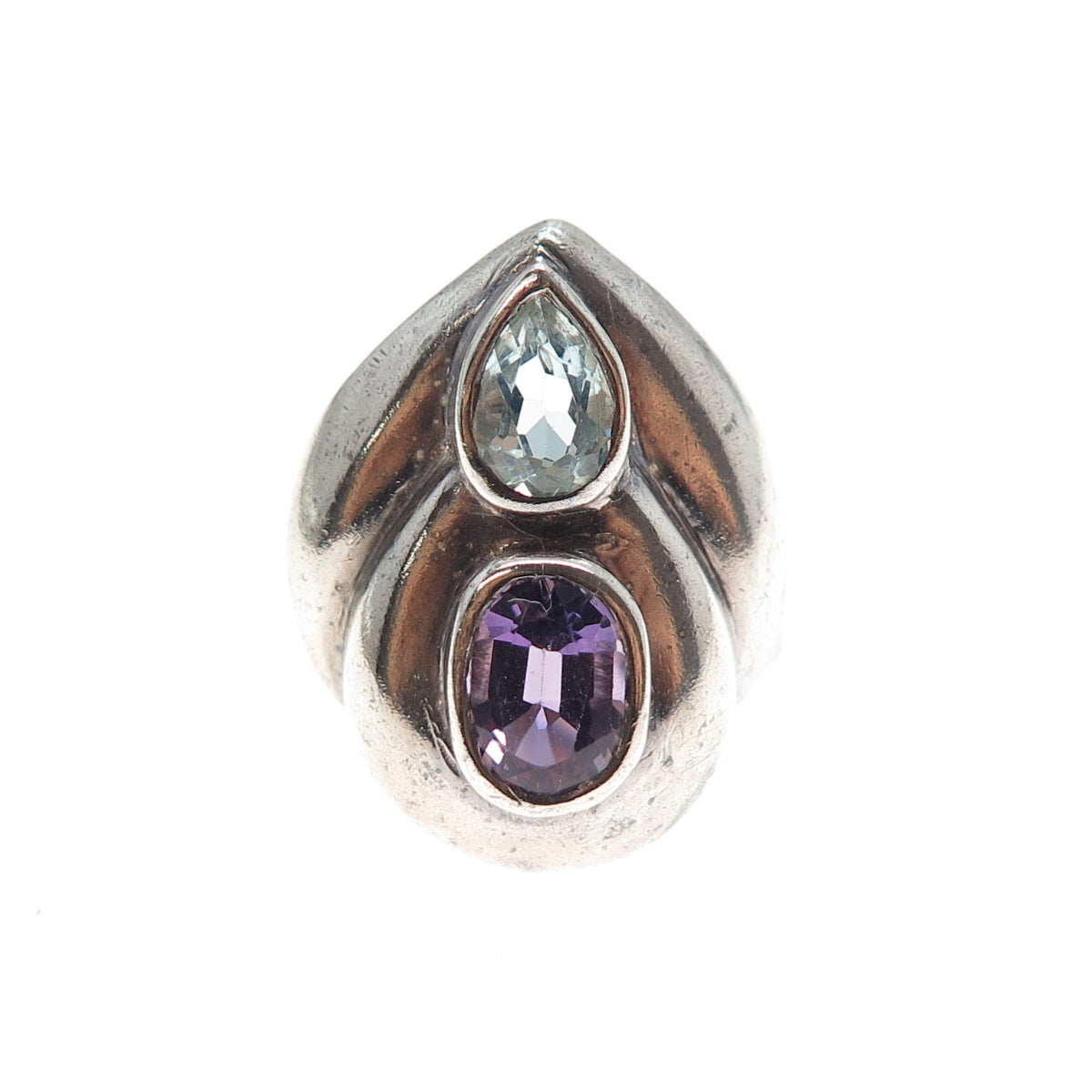 925 Sterling Silver Vintage Real Amethyst & Blue Topaz Modernist Ring Size 7
