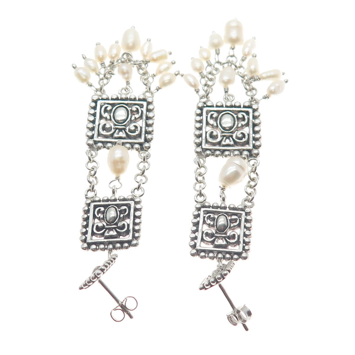 925 Sterling Silver Vintage Real Pearl Ethnic / Boho Dangling Earrings