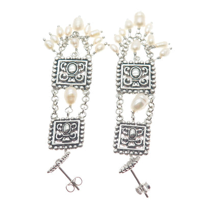 925 Sterling Silver Vintage Real Pearl Ethnic / Boho Dangling Earrings