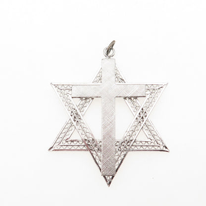 925 Sterling Silver Vintage Cross Star of David Judaica Charm Pendant