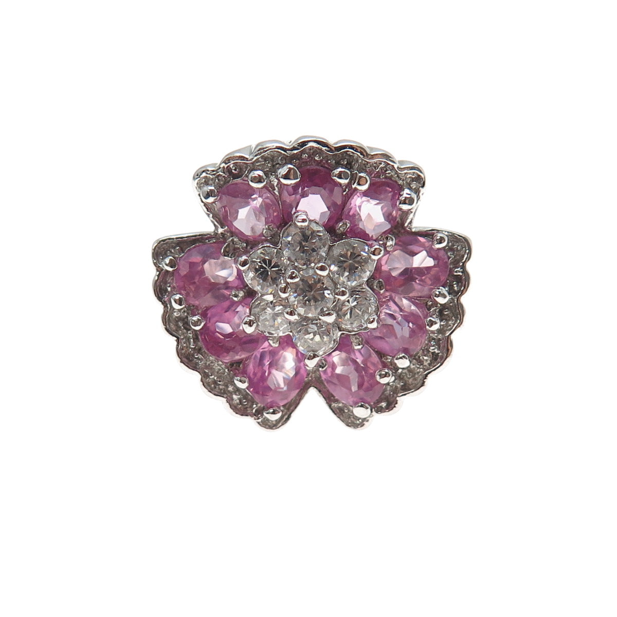925 Sterling Silver Real Pink Topaz & C Z Flower Ring Size 7.25