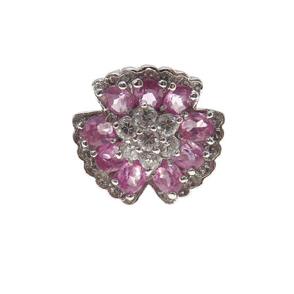 925 Sterling Silver Real Pink Topaz & C Z Flower Ring Size 7.25