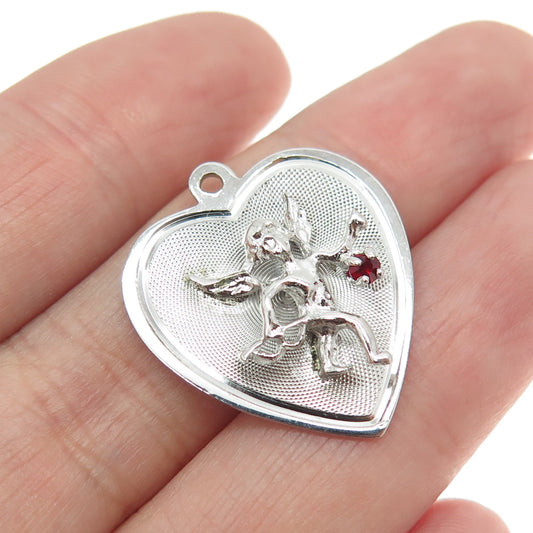 925 Sterling Silver Vintage Red Rhinestone Cupid Angel Heart Love Pendant