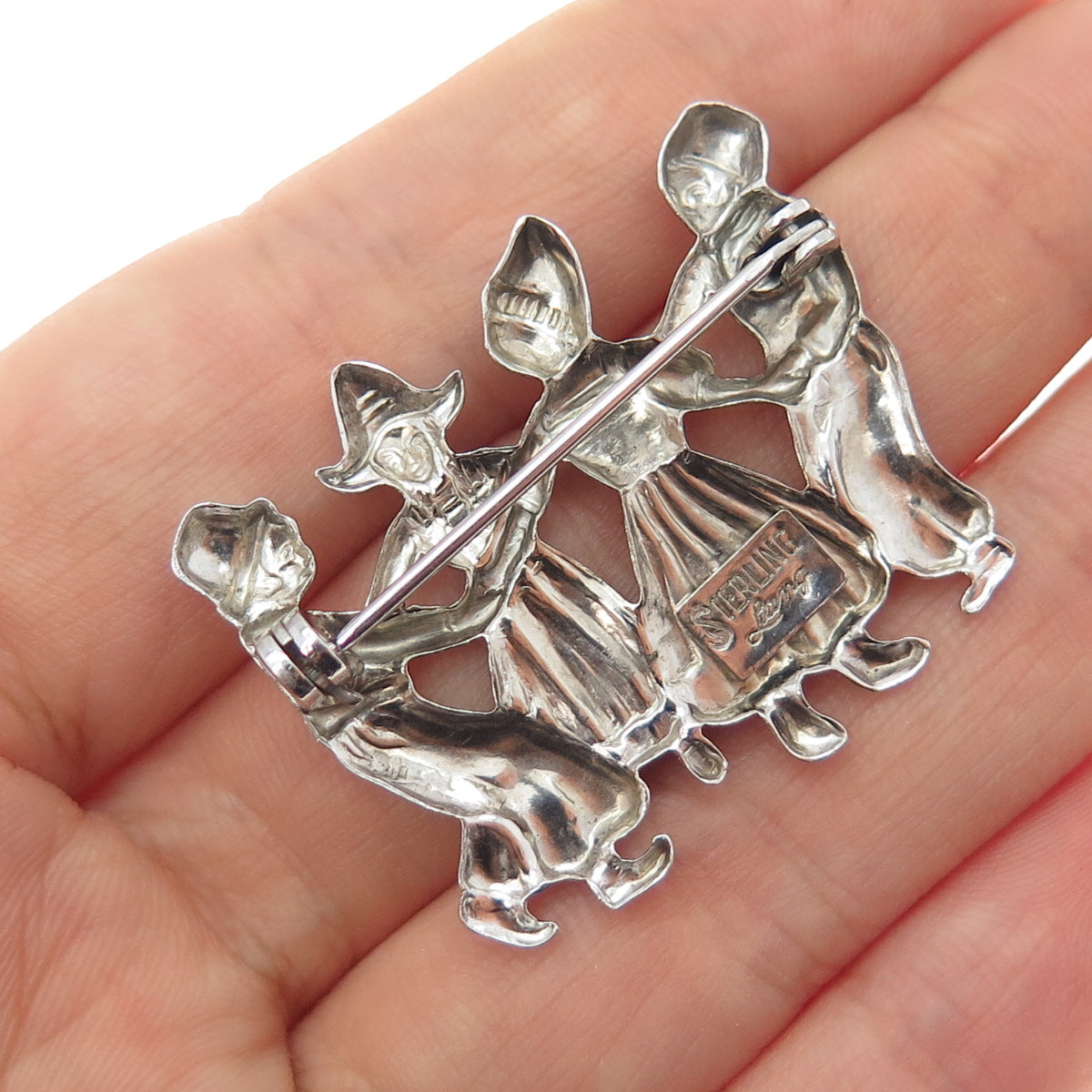 LANG 925 Sterling Silver Antique Art Deco Dutch Dancer Oxidized Pin Brooch