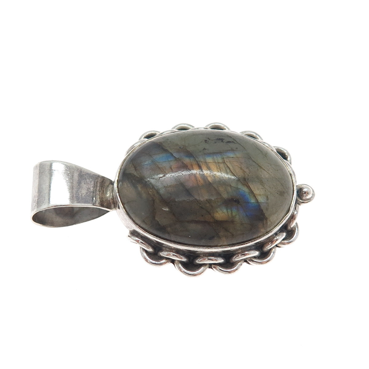925 Sterling Silver Vintage Real Labradorite Modernist Oxidized Charm Pendant