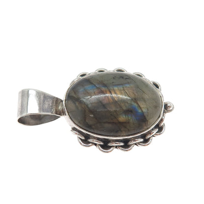 925 Sterling Silver Vintage Real Labradorite Modernist Oxidized Charm Pendant