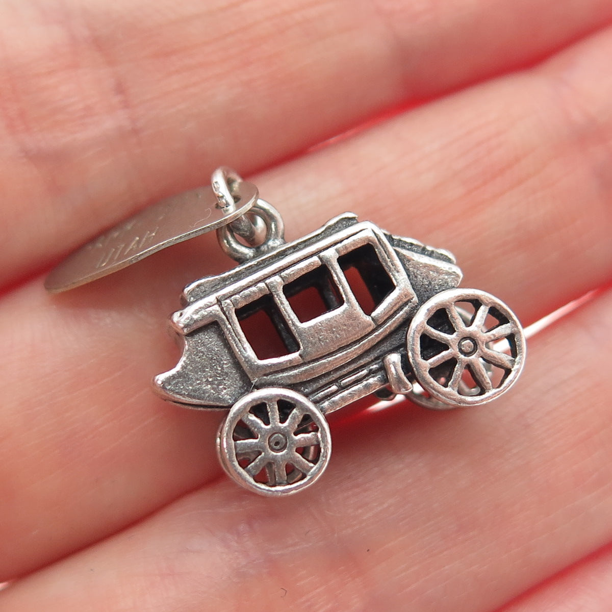 925 Sterling Silver Vintage Carriage Park City Utah Oxidized Mini 3D Pendant