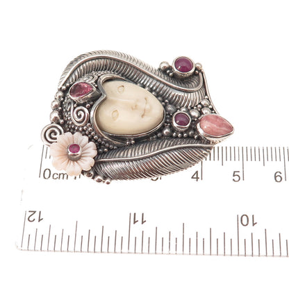 Sajen 925 Sterling Vintage Ruby Tourmaline Rhodochrosite MOP Pin Brooch Pendant