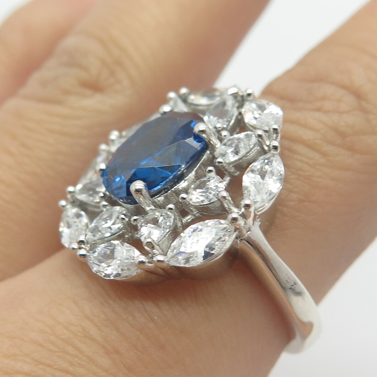 925 Sterling Silver White & Blue C Z Wide Ring Size 8