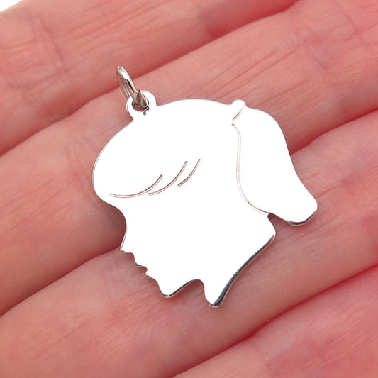 CACO 925 Sterling Silver Vintage Girl's Profile Tag Charm Pendant