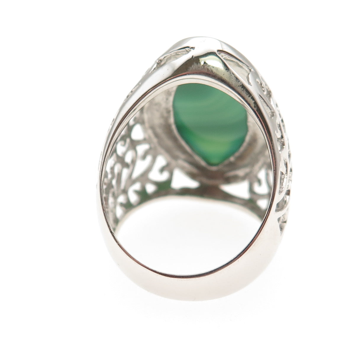 Ken Crafts 925 Sterling Silver Real Green Agate Floral Scroll Ring Size 9