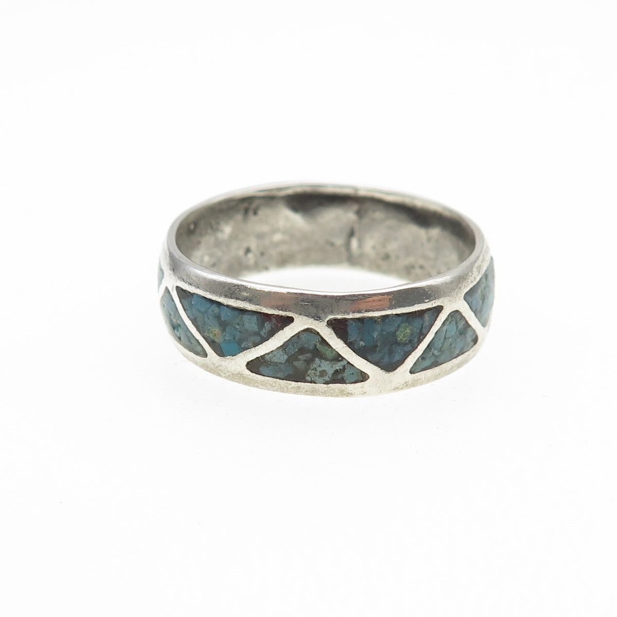 Old Pawn 925 Sterling Silver Vintage Turquoise Inlay Tribal Band Ring Size 12.25