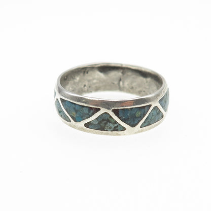 Old Pawn 925 Sterling Silver Vintage Turquoise Inlay Tribal Band Ring Size 12.25