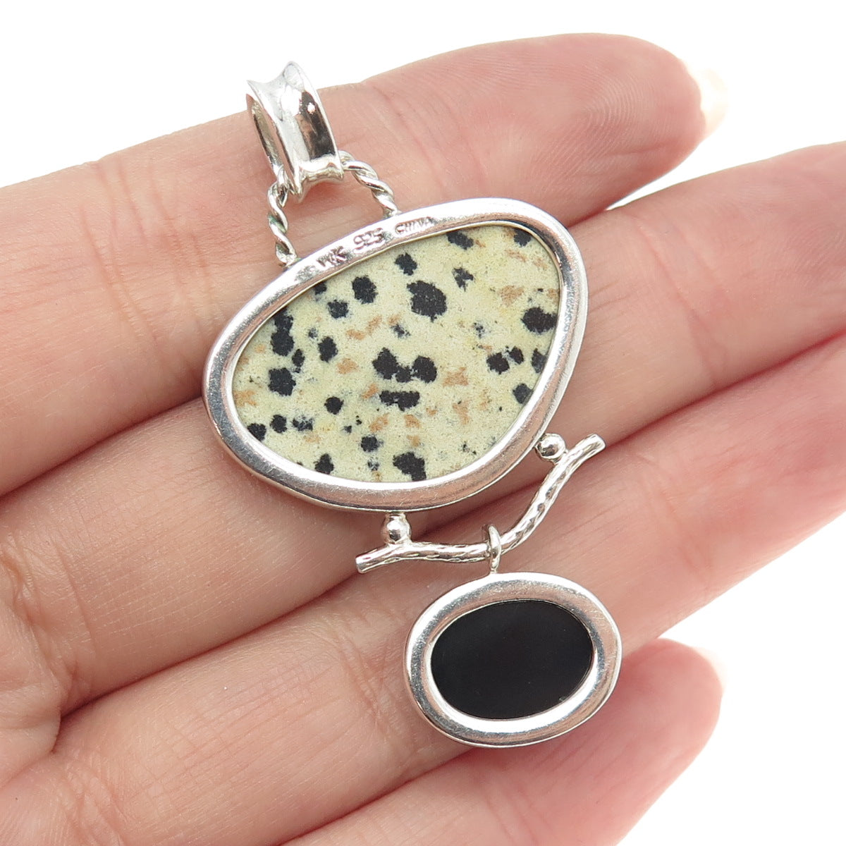 WHITNEY KELLY 925 Sterling Silver Vintage Dendritic Agate Black Onyx Gem Pendant