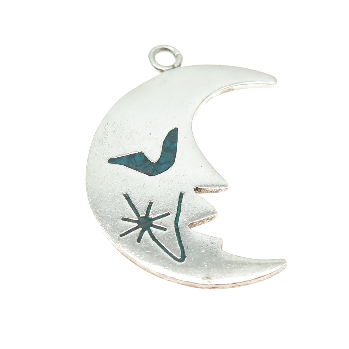 925 Sterling Silver Vintage Mexico Turquoise Inlay Crescent Moon Face Pendant