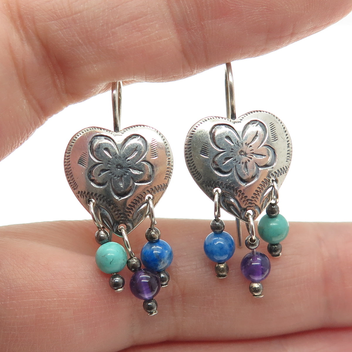 CAROLYN POLLACK Old Pawn Sterling Silver Turquoise Amethyst Lapis Heart Earrings