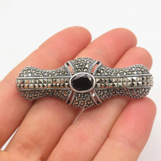 925 Sterling Silver Vintage Judith Jack Black Spinel & Marcasite Gem Pin Brooch