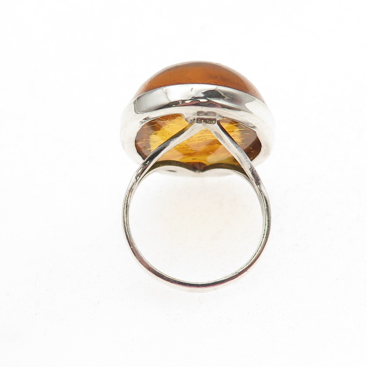925 Sterling Silver Vintage Real Cabochon Amber Modernist Ring Size 7