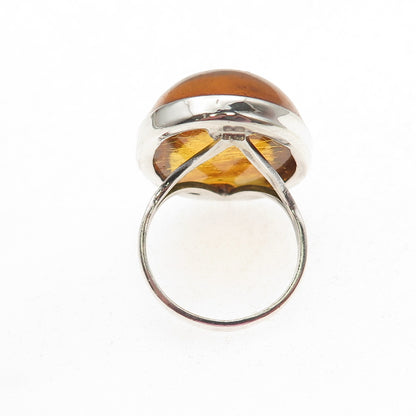 925 Sterling Silver Vintage Real Cabochon Amber Modernist Ring Size 7